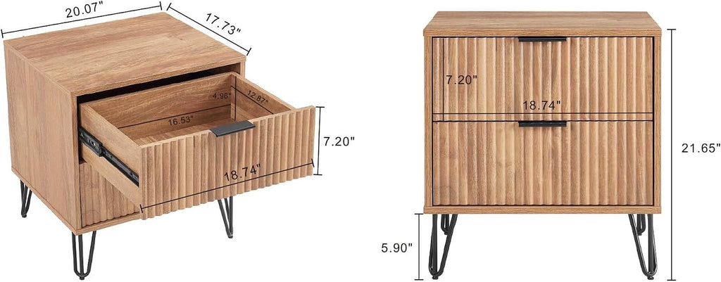 Manhattan Comfort Dumbo Modern Nightstand 2.0 with 2 Metal Feet | Stylish Splayed Gold Legs | Vertical Ribbed Drawer | Perfect for Bedroom, Set of 2, Golden Brown