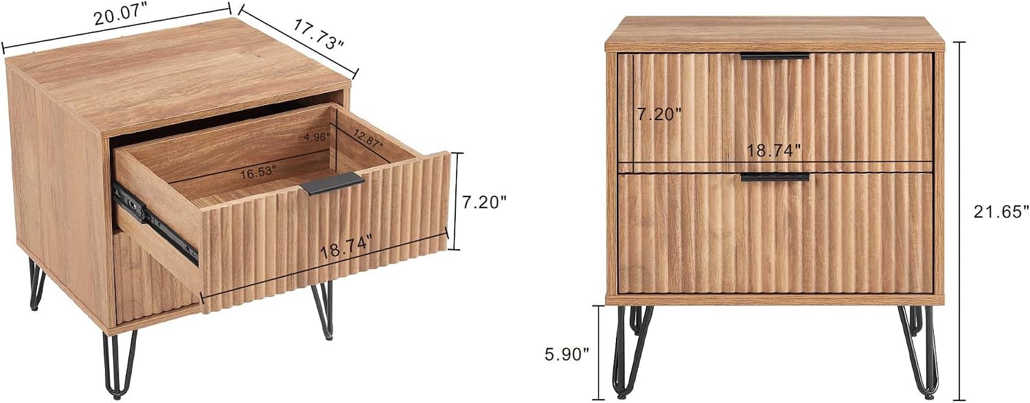 Manhattan Comfort Dumbo Modern Nightstand 2.0 with 2 Metal Feet | Stylish Splayed Gold Legs | Vertical Ribbed Drawer | Perfect for Bedroom, Set of 2, Golden Brown