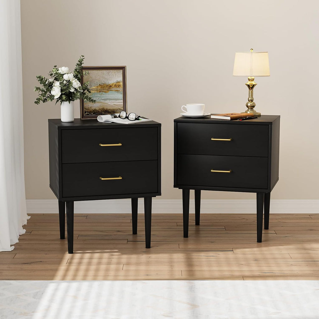 Modern Black Bedside Cabinet with Metal Handles | 2-Drawer Nightstand Set of 2, Solid Wood Legs & Metal Slides for Bedroom Living Room