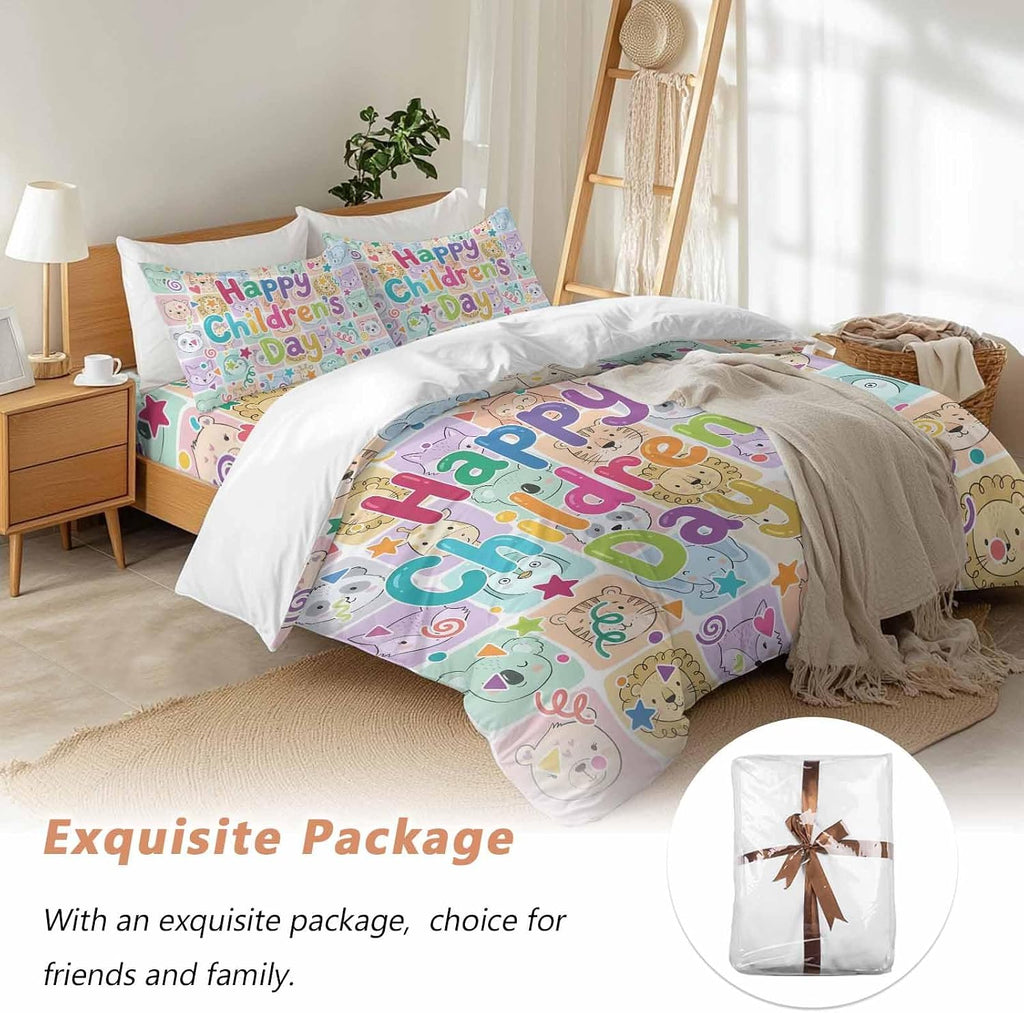Happy Children's Day Duvet Cover Set Queen 4 Pieces Cartoon Animal Tigers Koalas Elephant Lions Foxes Plaid Bedding Set with Zipper Closure,1 Comforter Cover 92x106 Inch 1 Flat Sheet&2 Pillow Cases