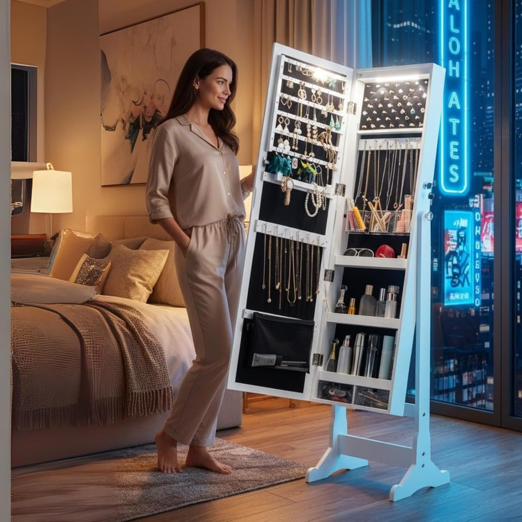 BTEXPERT Mirror Jewelry Cabinet Standing, Large Storage Jewelry Armoire, Full-Length Mirror with Jewelry Storage, LED Bulbs Lockable Standing Jewelry Organizer White