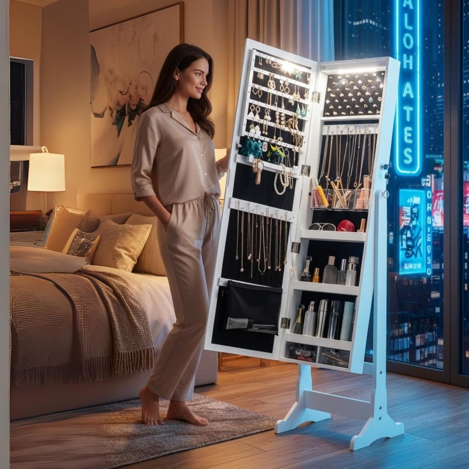 BTEXPERT Mirror Jewelry Cabinet Standing, Large Storage Jewelry Armoire, Full-Length Mirror with Jewelry Storage, LED Bulbs Lockable Standing Jewelry Organizer White