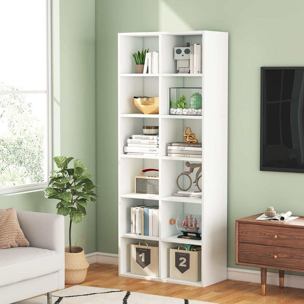 Tribesigns 71.65 Inch Tall Narrow Bookcase Bookshelf, White Modern Bookcase with 12 Cube Storage for Home Office, Vertical or Horizontal