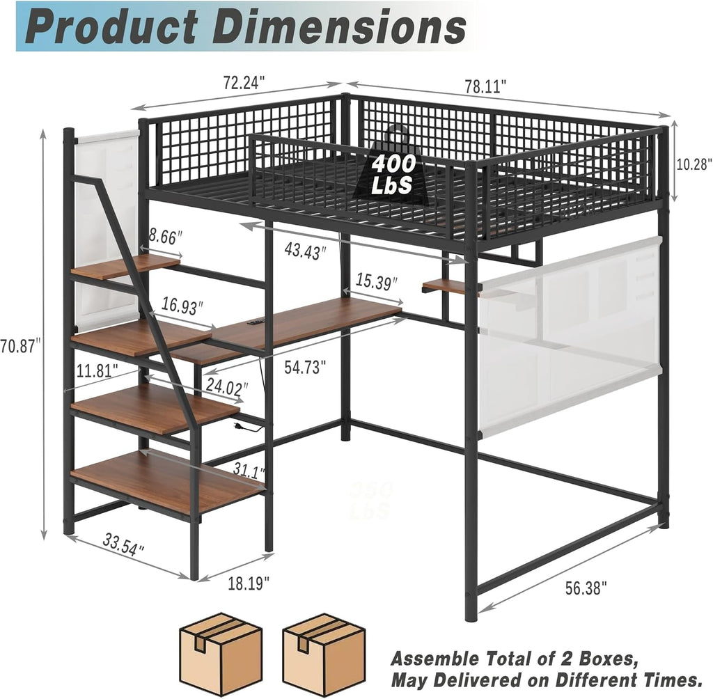 Full Size Metal Loft Bed with Stairs, Large Under-Bed Space, Built-in Charging Station, LED Lighting, for Bedroom, Dormitory, Black