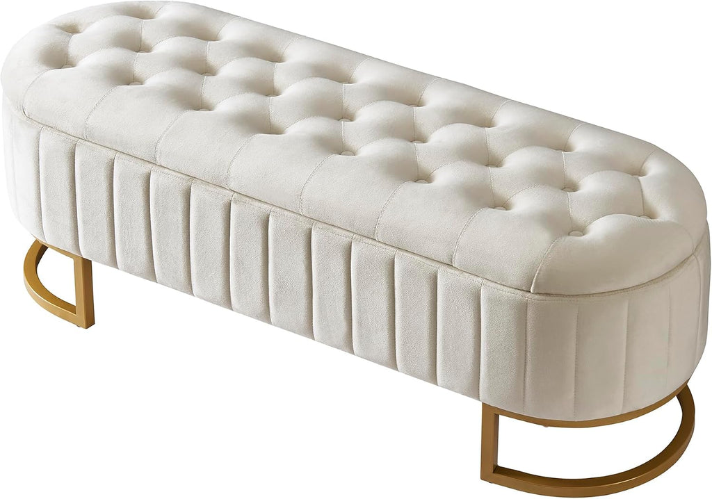 Velvet Full Size Upholstered LED Platform Bed with Storage Ottoman, 2-Pieces Bedroom Sets, Elegant Floating Platform Bed with LED Flowers-Shaped Headboard (Beige-2PF)
