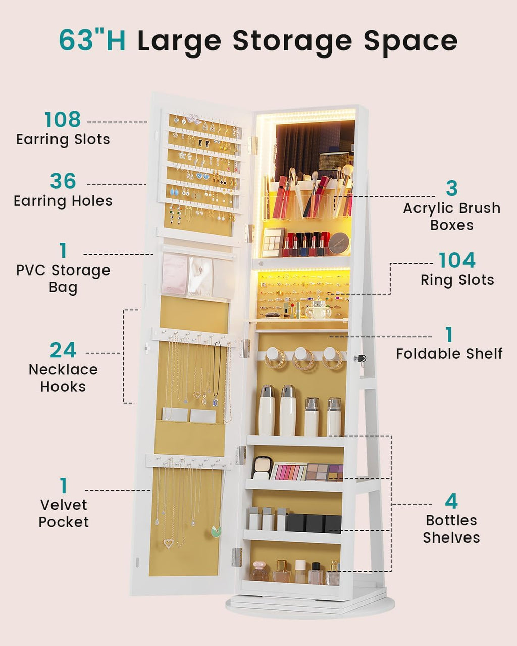 Vlsrka LED Mirror Jewelry Cabinet, Lockable Jewelry Armoire Cabinet Standing, Rotatable Full Length Mirror with Storage, Interior Mirror, Foldable Makeup Shelf, Beige Lining, White