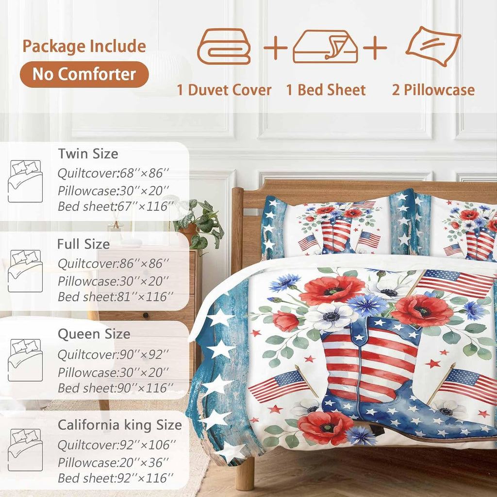 Independence Day Duvet Cover Set Queen Size 4 Pieces American Flag Boots Flowers Blue Wood Grain Bedding Set with Zipper Closure, 1 Comforter Cover 86x86 Inches 1 Flat Sheet & 2 Pillow Cases