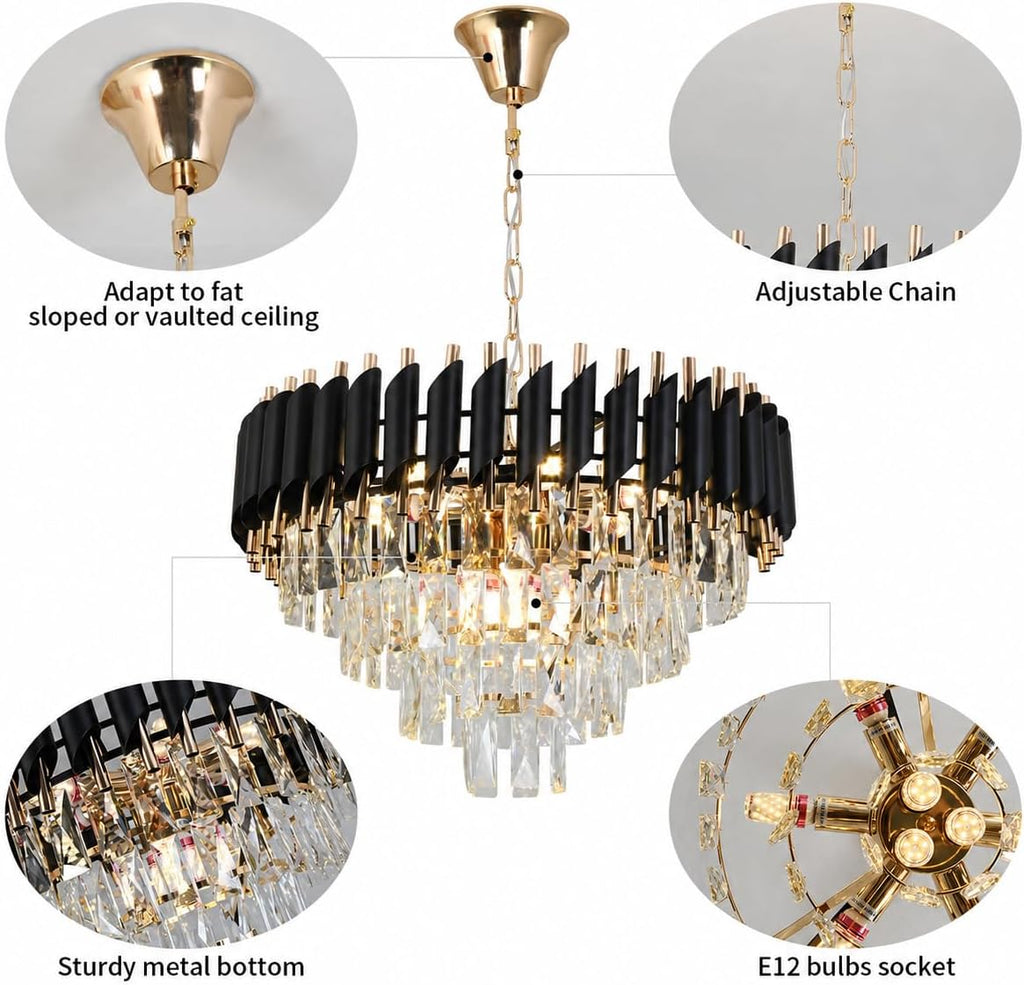 Modern Crystal Chandelier, 9-Light Black and Gold Round Pendant Light Fixture, 23.6' Luxury Hanging Ceiling Light for Dining Room, Living Room, Kitchen Island, Bedroom, Entryway, E12 Base