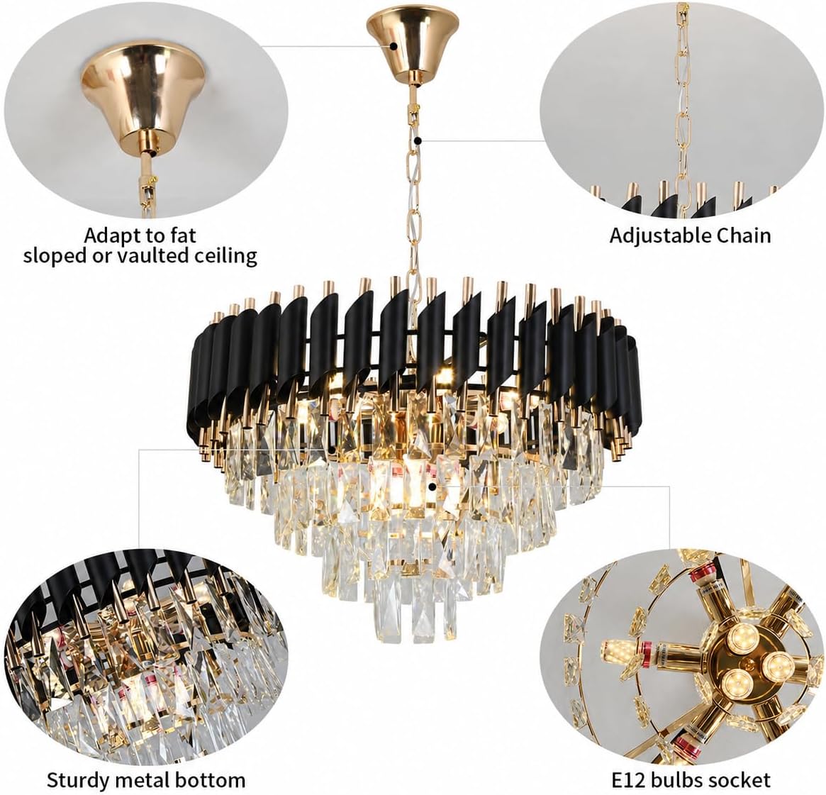 Modern Crystal Chandelier, 9-Light Black and Gold Round Pendant Light Fixture, 23.6' Luxury Hanging Ceiling Light for Dining Room, Living Room, Kitchen Island, Bedroom, Entryway, E12 Base