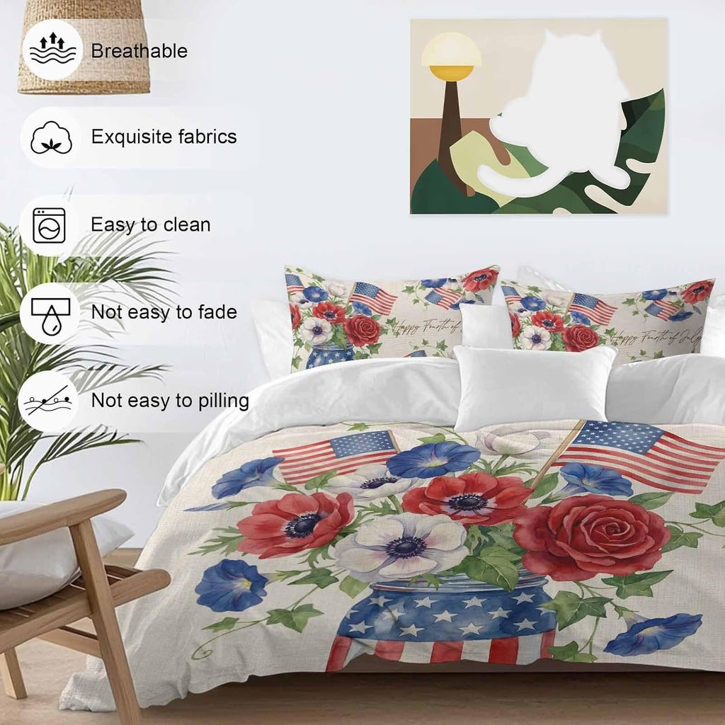 Happy Independence Day Duvet Cover Set Queen Size 4 Pieces U. S. Flag Flowers White Five-Pointed Stars Bedding Set with Zipper Closure, 1 Comforter Cover 92x106 Inches 1 Flat Sheet & 2 Pillow Cases