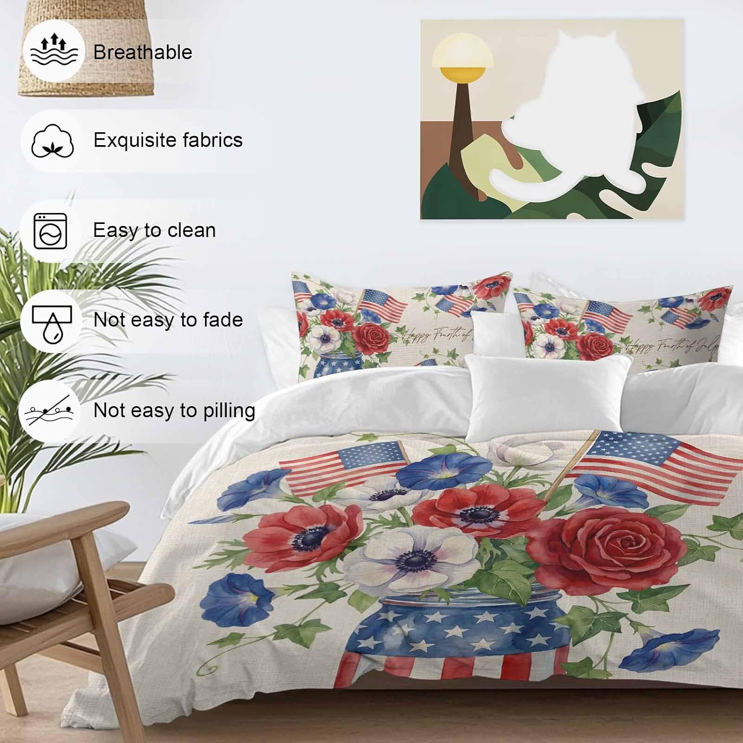 Happy Independence Day Duvet Cover Set Queen Size 4 Pieces U. S. Flag Flowers White Five-Pointed Stars Bedding Set with Zipper Closure, 1 Comforter Cover 92x106 Inches 1 Flat Sheet & 2 Pillow Cases