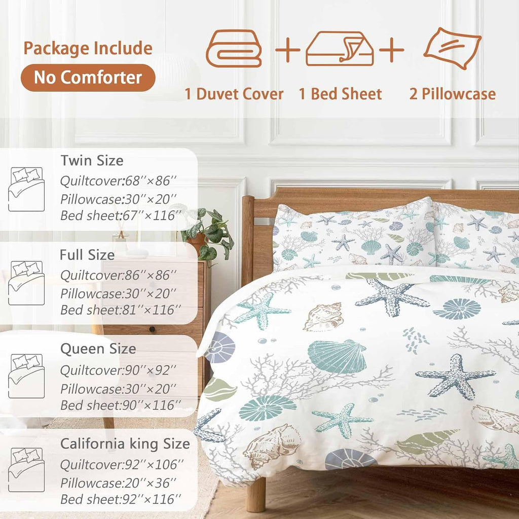 Prime Leader Summer Beach Duvet Cover Set Queen Size 4 Pieces Nautical Starfish Coral Shell Teal Ocean Bedding Set with Zipper Closure, 1 Comforter Cover 92x106 Inches 1 Flat Sheet & 2 Pillow Cases