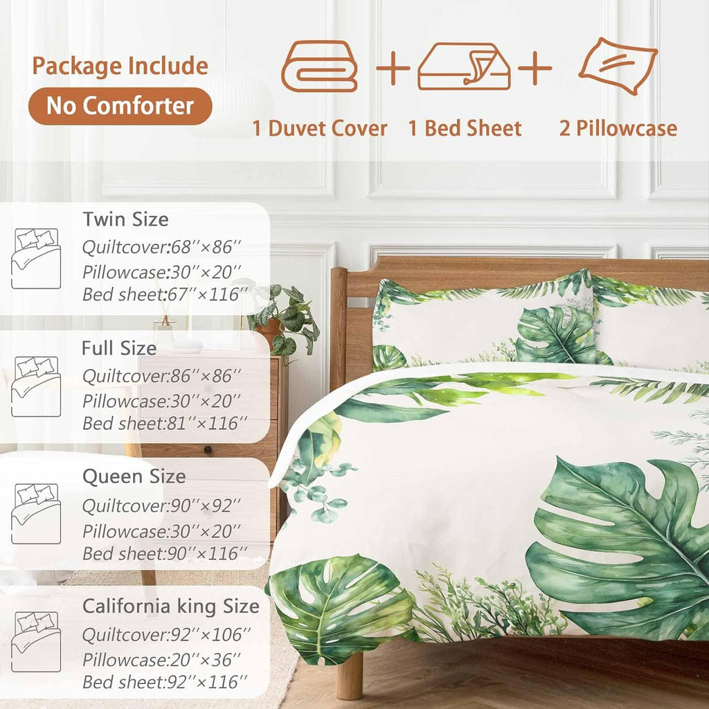 Tropical Leaf Duvet Cover Set Queen Size 4 Pieces Palms Monstera Leaves Green Plant Botanical Bedding Set with Zipper Closure, 1 Comforter Cover 92x106 Inches 1 Flat Sheet & 2 Pillow Cases