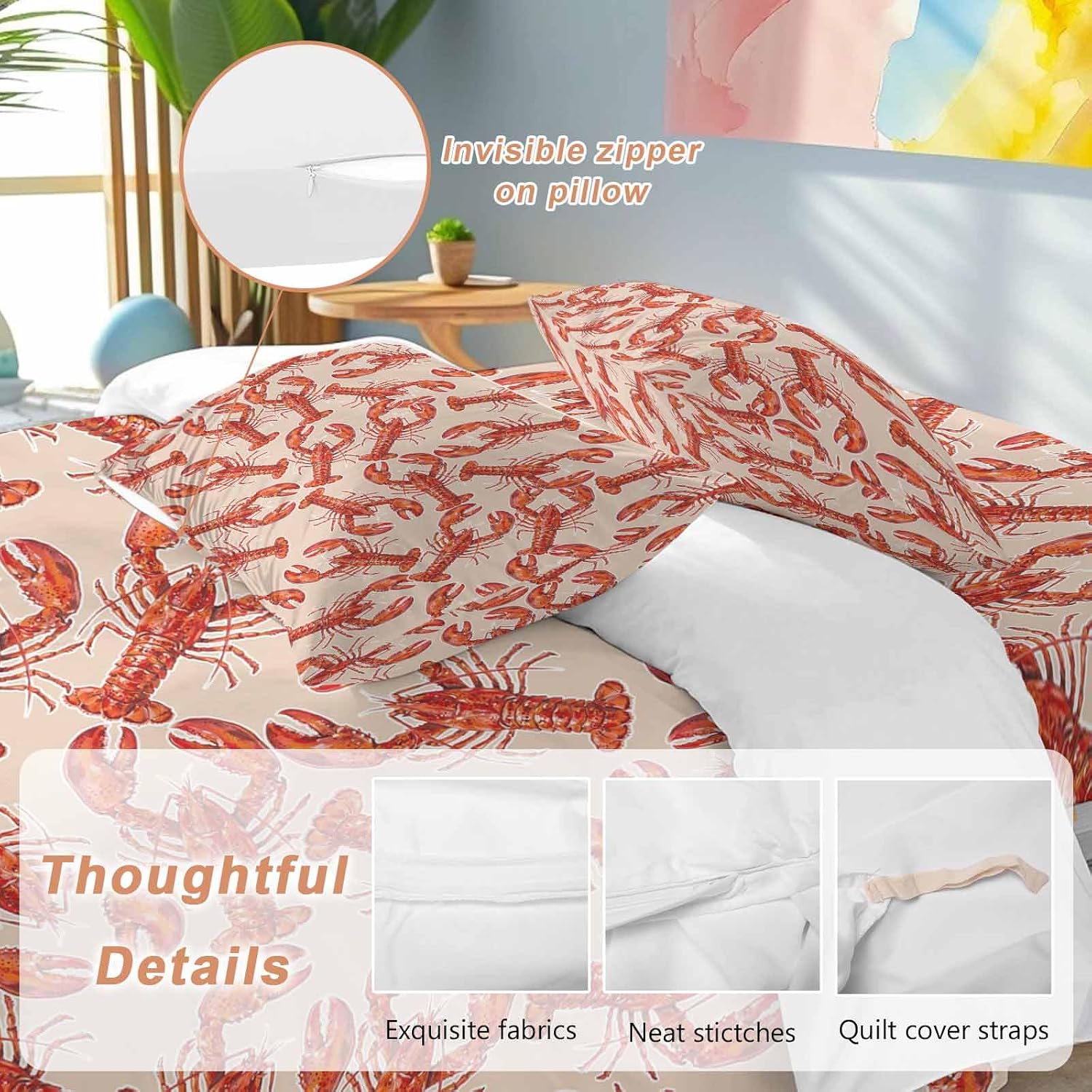 Red Lobster Duvet Cover Set Queen Size 4 Pieces Summer Crawfish Ocean Animal Minimalist Art Retro Bedding Set with Zipper Closure, 1 Comforter Cover 92x106 Inches 1 Flat Sheet & 2 Pillow Cases
