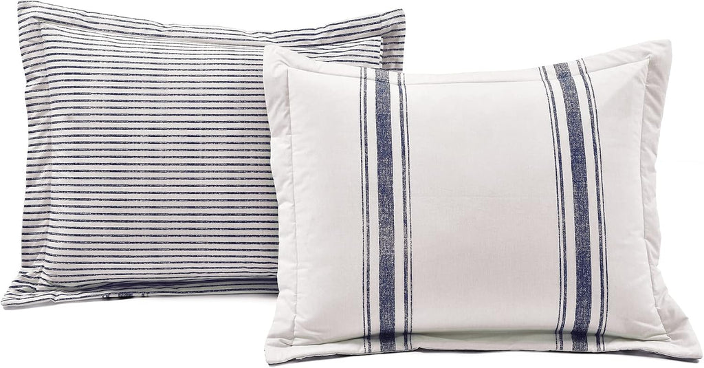 Lush Decor Farmhouse Stripe Reversible Cotton Comforter Set, 3 Piece Set, California King, Navy - Cozy Farmhouse Bedding Set - Rustic Decor - Striped Comforter - Modern Farmhouse Bedroom Decor