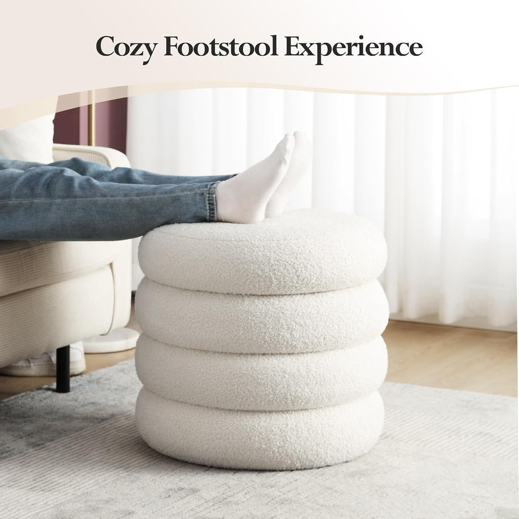 19.5 Inch Round Storage Ottoman, Modern Sherpa Ottoman Coffee Table with Removable Top, White Vanity Stool with Storage for Bedroom, Living Room, Dorm, Set of 1