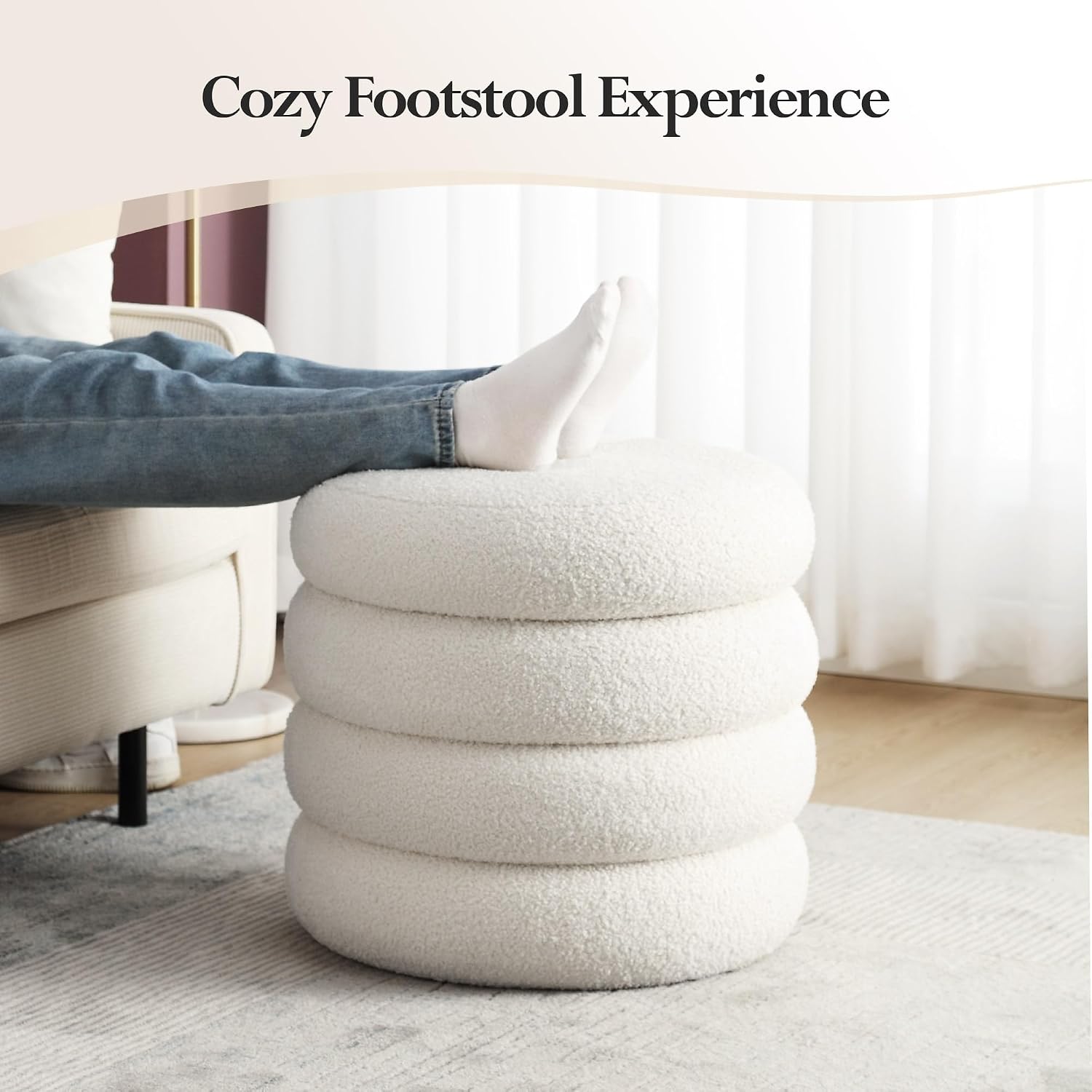 19.5 Inch Round Storage Ottoman, Modern Sherpa Ottoman Coffee Table with Removable Top, White Vanity Stool with Storage for Bedroom, Living Room, Dorm, Set of 1