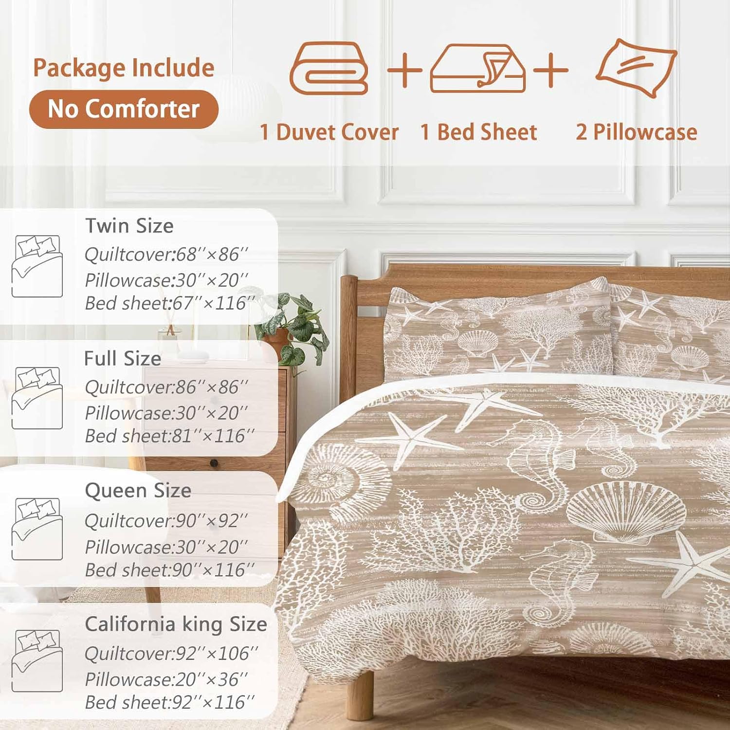 Prime Leader Brown Coastal Duvet Cover Set Queen Size 4 Pieces Nautical Starfish Seahorse Coral Summer Bedding Set with Zipper Closure, 1 Comforter Cover 92x106 Inches 1 Flat Sheet & 2 Pillow Cases