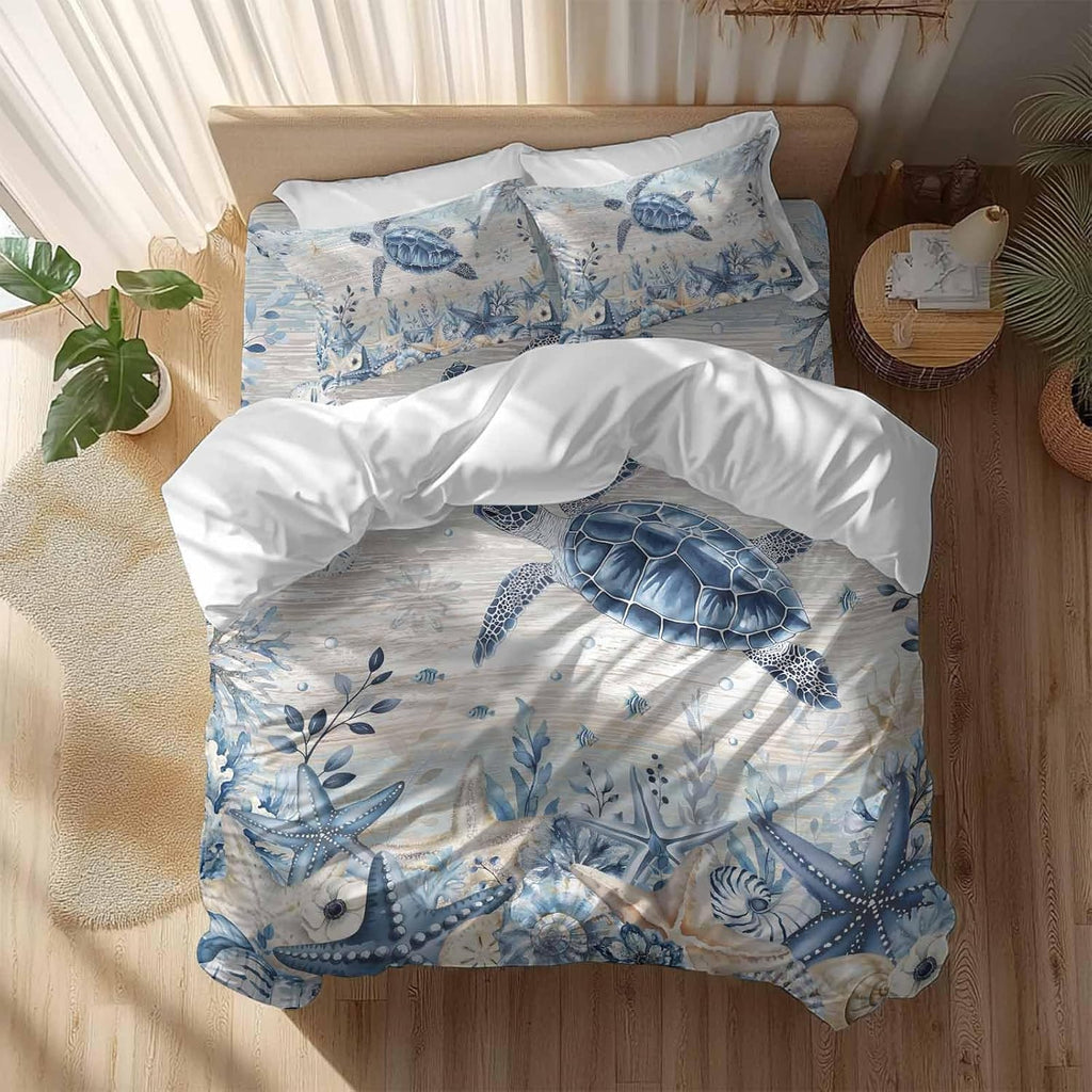 Ocean Turtles Duvet Cover Set Queen Size 4 Pieces Blue Yellow Sea Star Shell Coral Yellow Blue Stripes Bedding Set with Zipper Closure, 1 Comforter Cover 92x106 Inches 1 Flat Sheet & 2 Pillow Cases