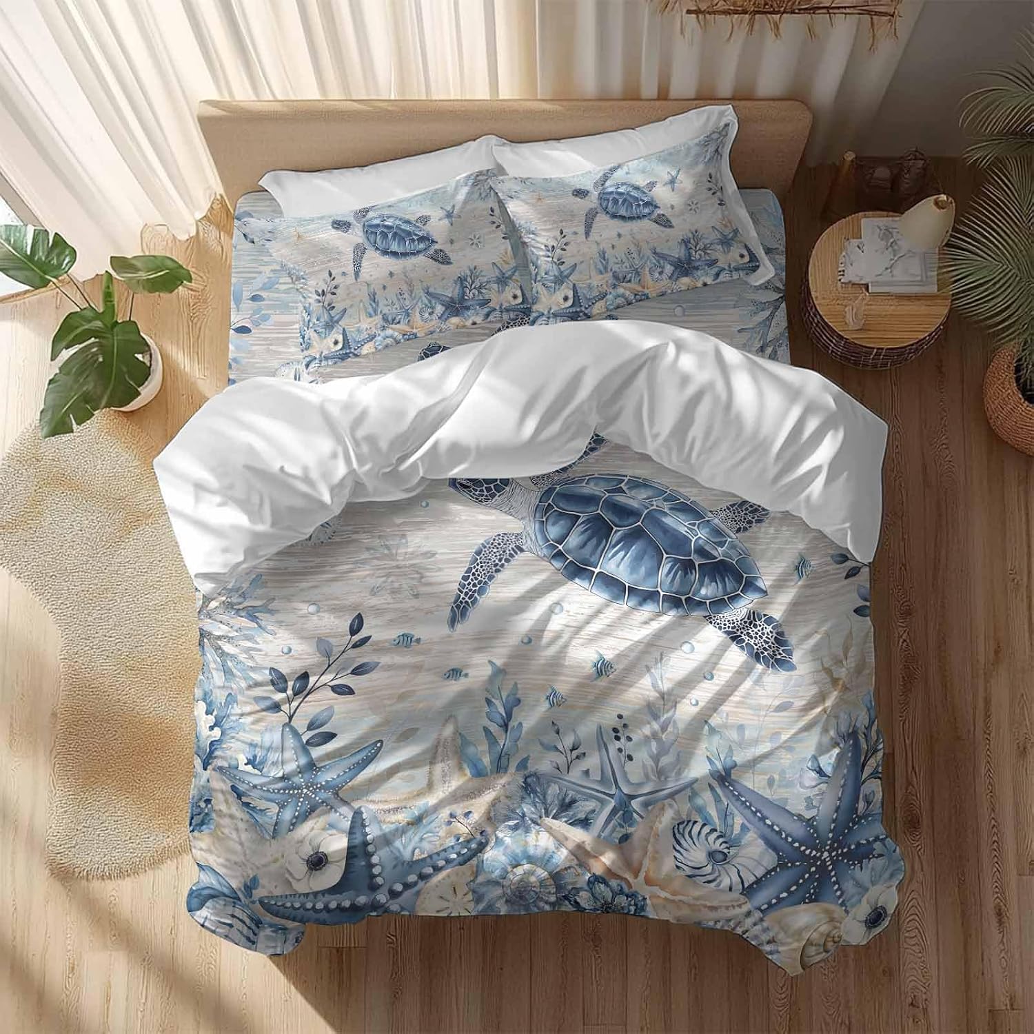 Ocean Turtles Duvet Cover Set Queen Size 4 Pieces Blue Yellow Sea Star Shell Coral Yellow Blue Stripes Bedding Set with Zipper Closure, 1 Comforter Cover 92x106 Inches 1 Flat Sheet & 2 Pillow Cases