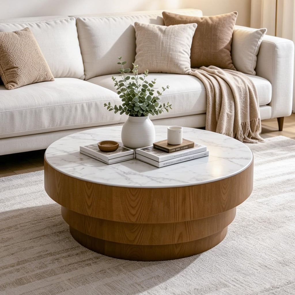 31.5' White Round Coffee Table, Round Coffee Table with Sintered Stone Tabletop and MDF with Wood Veneer Tiered Base, Modern Low Profile Circle Cocktail Tea Table for Living Room