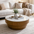 31.5' White Round Coffee Table, Round Coffee Table with Sintered Stone Tabletop and MDF with Wood Veneer Tiered Base, Modern Low Profile Circle Cocktail Tea Table for Living Room