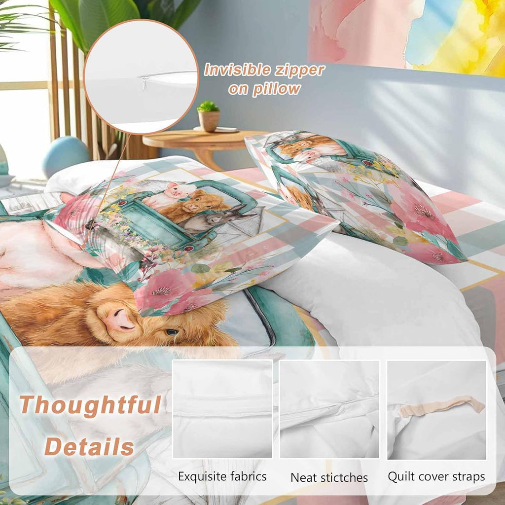 Farm Animals Duvet Cover Set Queen Size 4 Pieces Funny Pig Cow Donkey Retro Truck Spring Floral Bedding Set with Zipper Closure, 1 Comforter Cover 90x92 Inches 1 Flat Sheet & 2 Pillow Cases