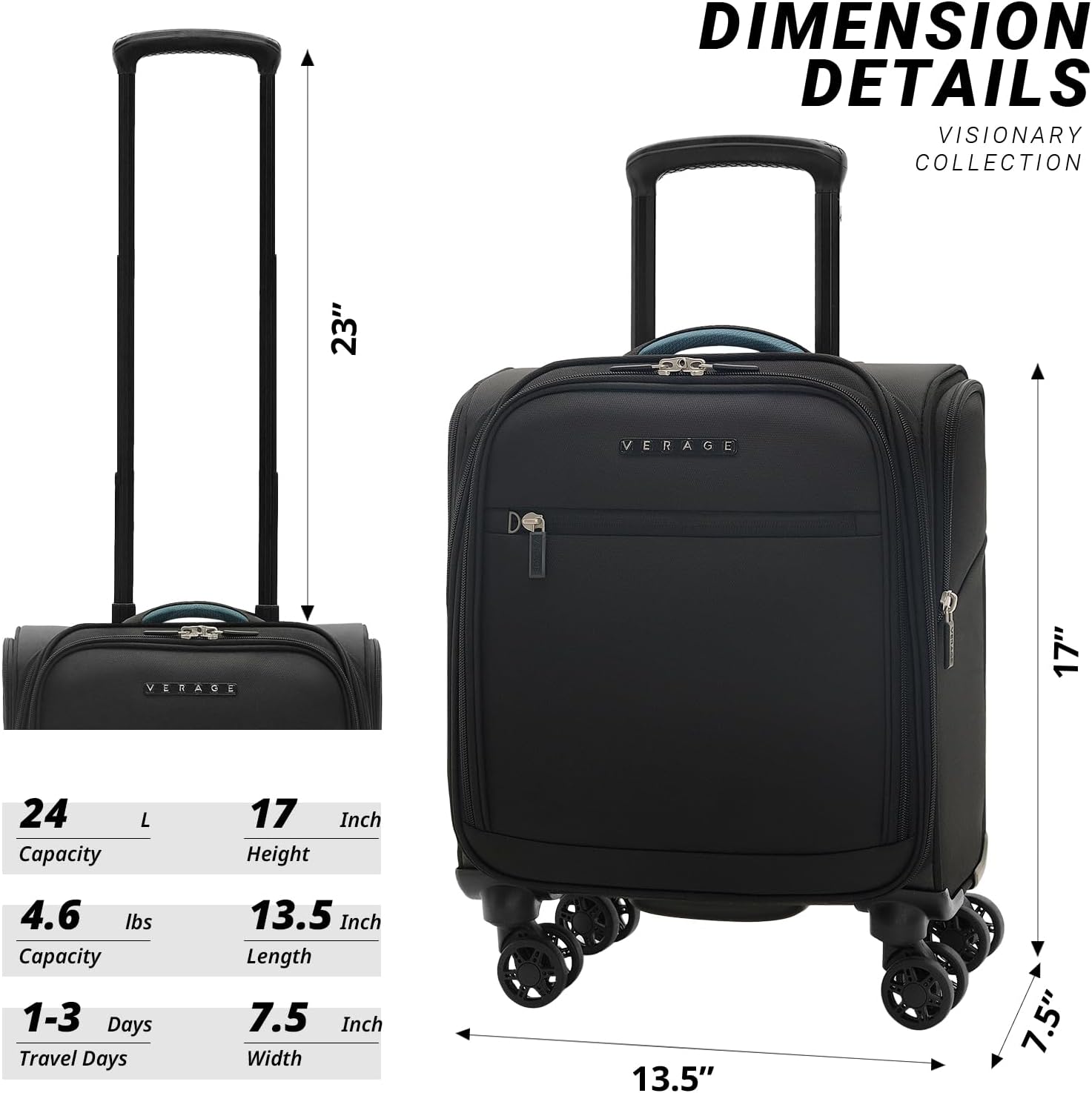 Verage 14-Inch Underseat Carry On Luggage with Spinner Wheels & USB Charging Port, Wheeled Suitcase for Airlines, Lightweight Overnight Bag for Men and Women (14-Inch Compact Underseat Pro)