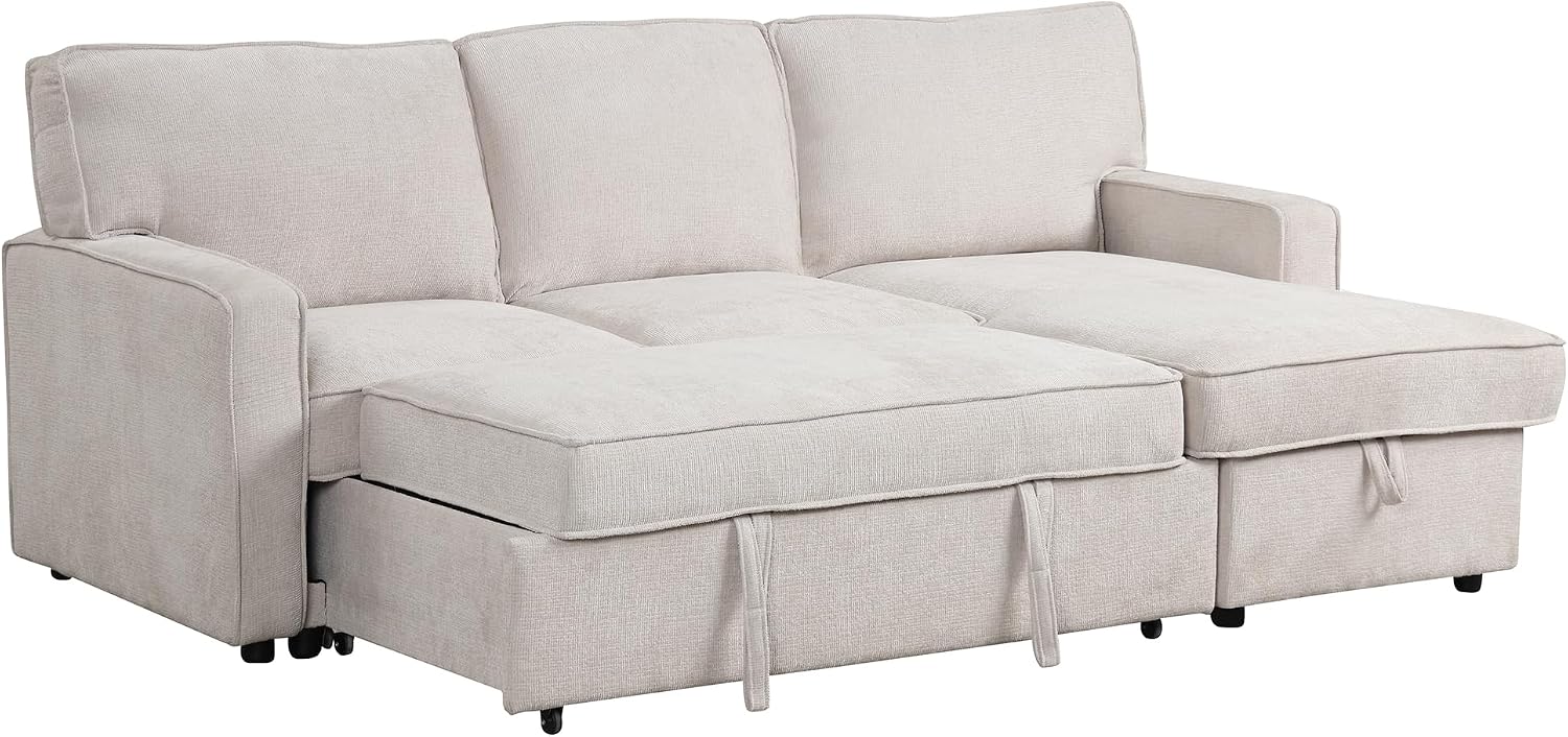 Merax 89' L-Shaped Sleeper Sofa Bed with Pull Out Bed & Reversible Chaise, Sleeper Sofa Couch with Storage Space, USB Port, and 2 Cup Holders on Back Cushions for Living Room Furniture Set, Beige