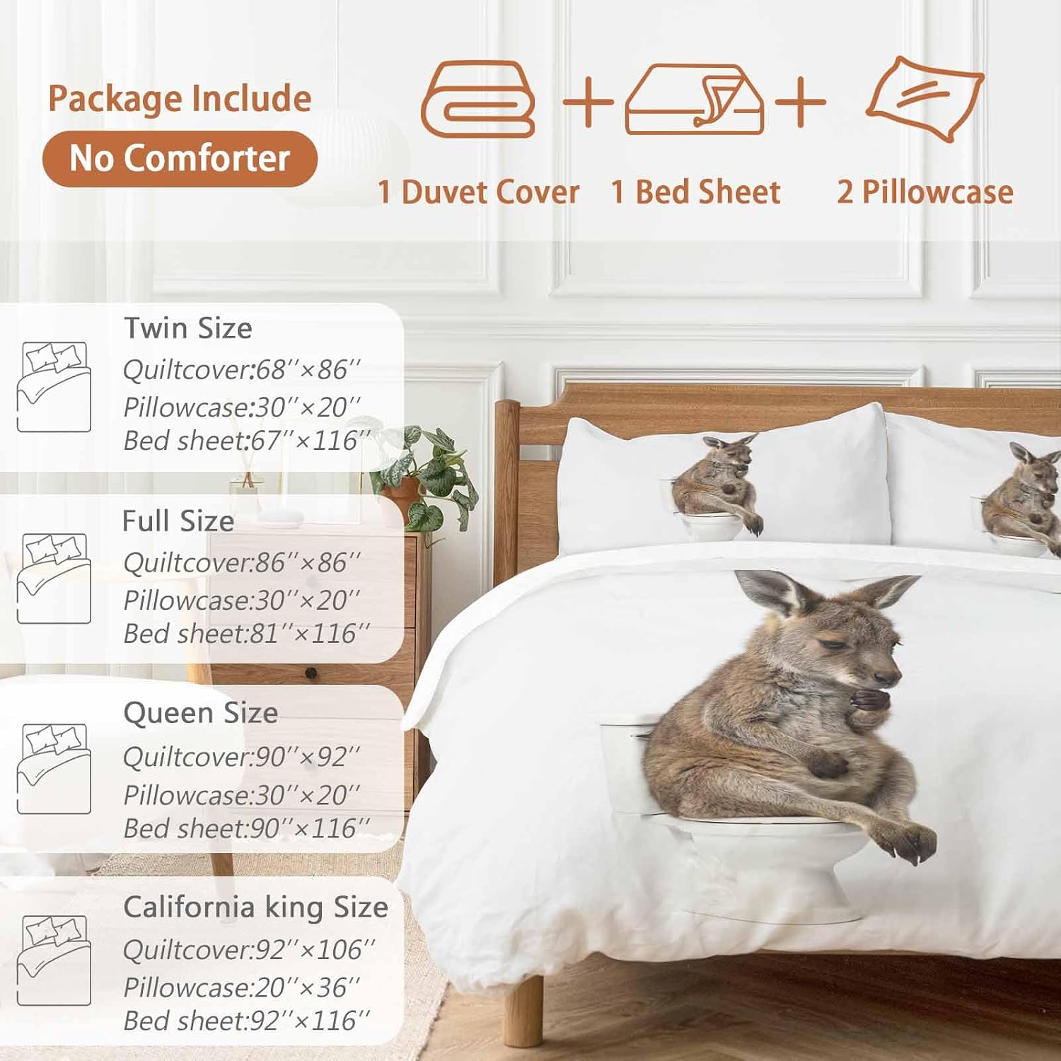 Kangaroo Sitting on The Toilet Thinking Duvet Cover Set Queen Size 4 Pieces Abstract Funny Animal Bedding Set with Zipper Closure, 1 Comforter Cover 86x86 Inches 1 Flat Sheet & 2 Pillow Cases