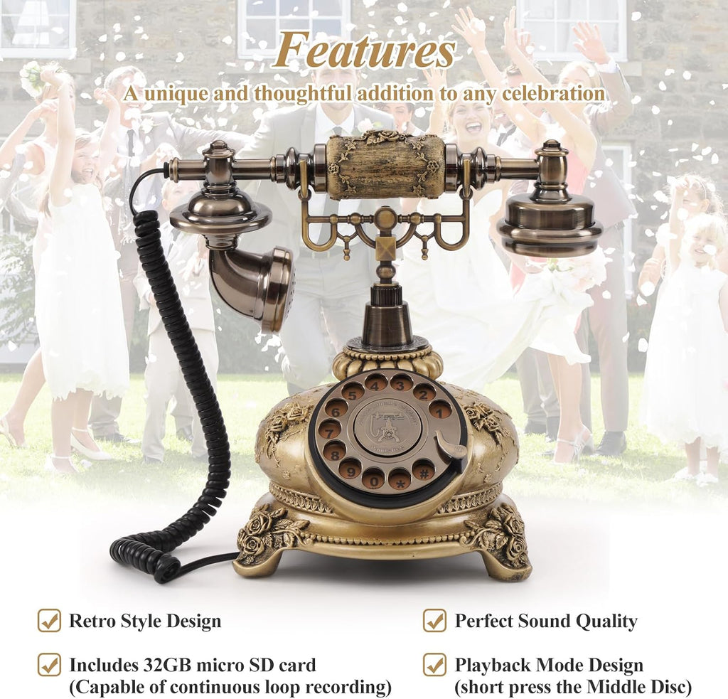 Audio Guest Book Phone, 32G Capacity Vintage Audio GuestBook Wedding Phone, Retro Audio Telephone Recording Customized Voice Message for Your Wedding Party, Bronze