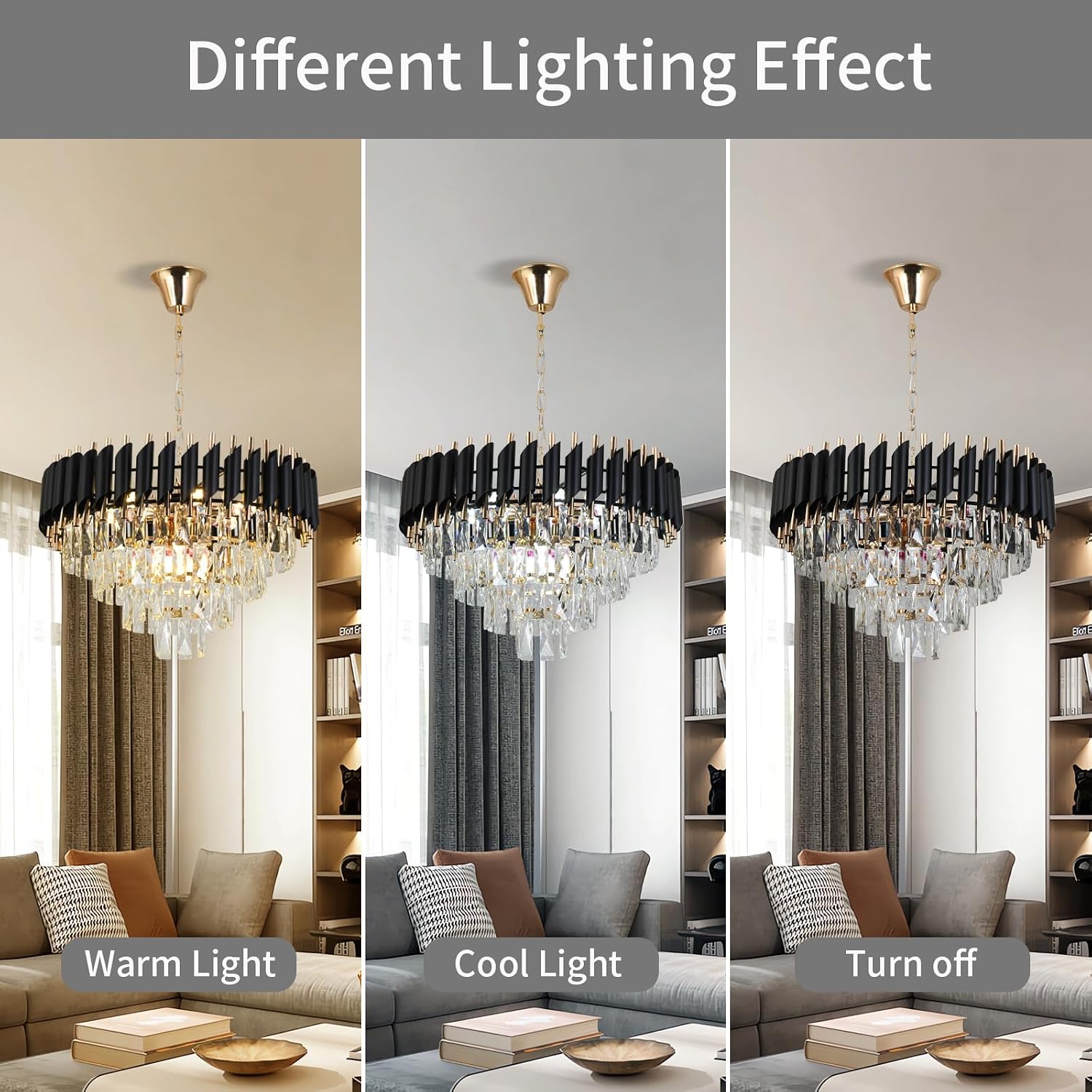 Modern Crystal Chandelier, 9-Light Black and Gold Round Pendant Light Fixture, 23.6' Luxury Hanging Ceiling Light for Dining Room, Living Room, Kitchen Island, Bedroom, Entryway, E12 Base