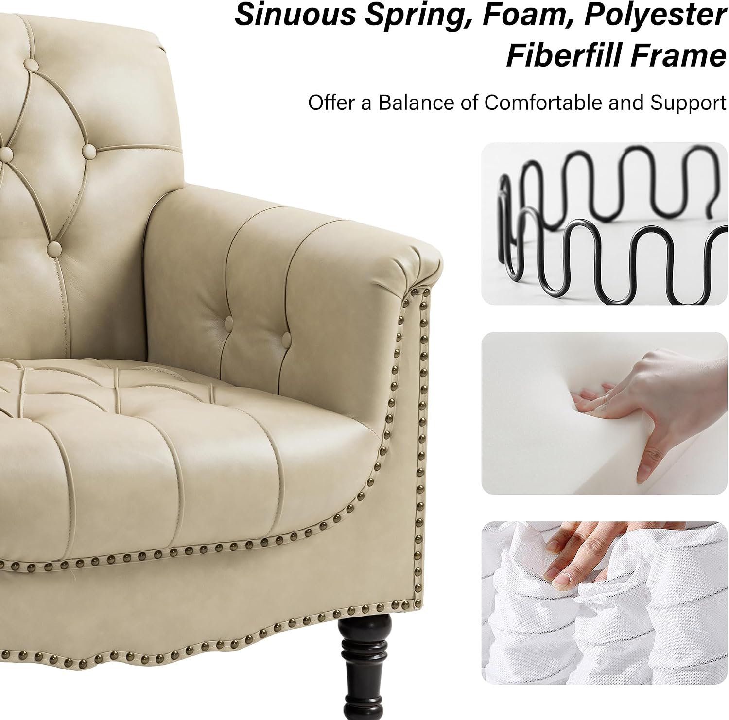 Faux Leather Accent Chair, PU Leather Modern Comfy Upholstered Armchair with Wood Legs & Nailhead Trim for Living Room, Bedroom (Beige,Set of 1)