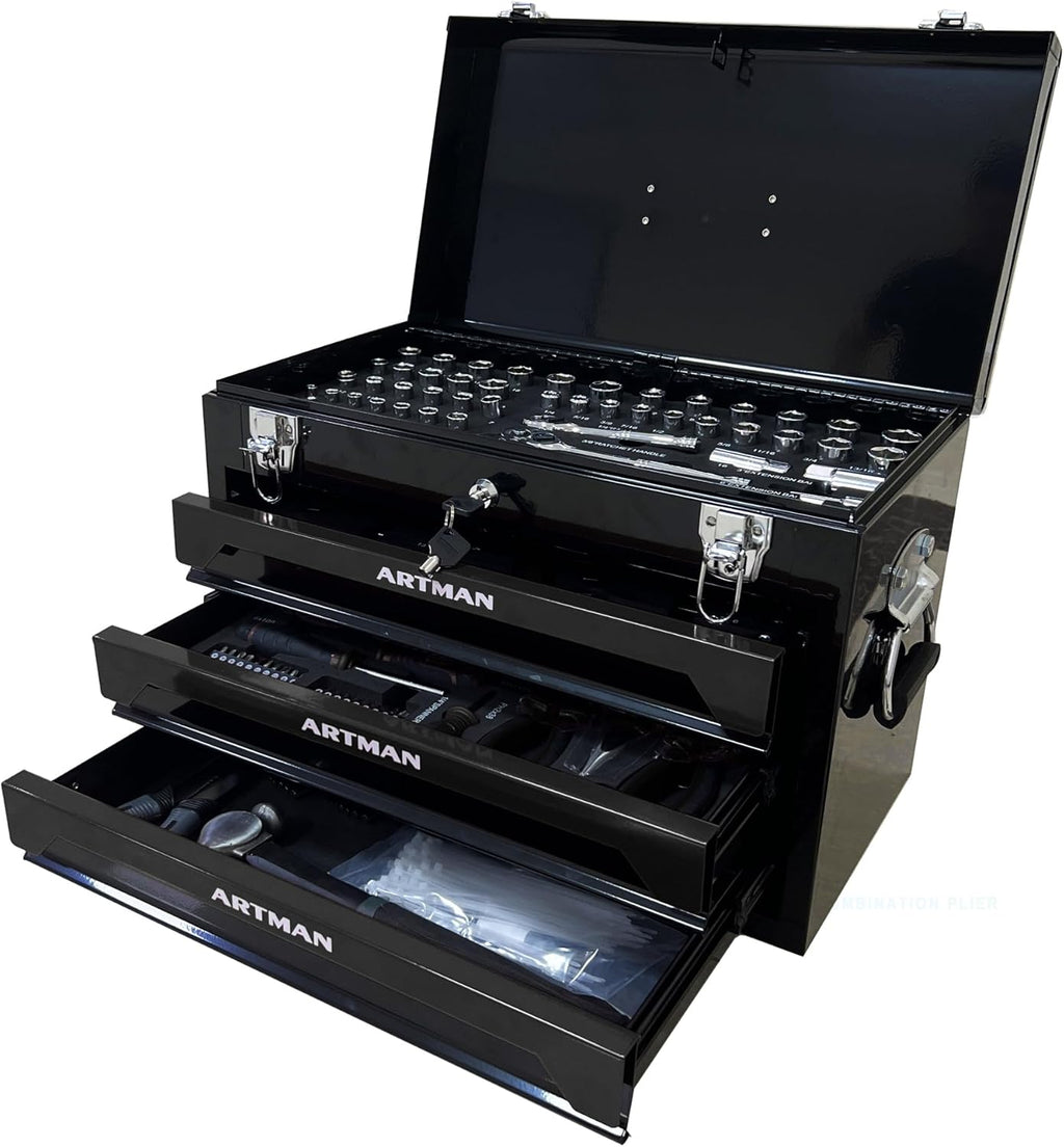 pouseayar Tool Set and Mechanic Tool Set Box with Handle and 3-Drawer Heavy Duty Metal Box - 339 Piece Tool Kits for Adults Mechanics Workshop Maintenance and Repair Projects - Black