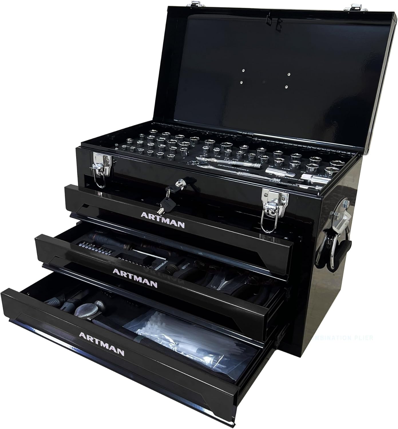 pouseayar Tool Set and Mechanic Tool Set Box with Handle and 3-Drawer Heavy Duty Metal Box - 339 Piece Tool Kits for Adults Mechanics Workshop Maintenance and Repair Projects - Black