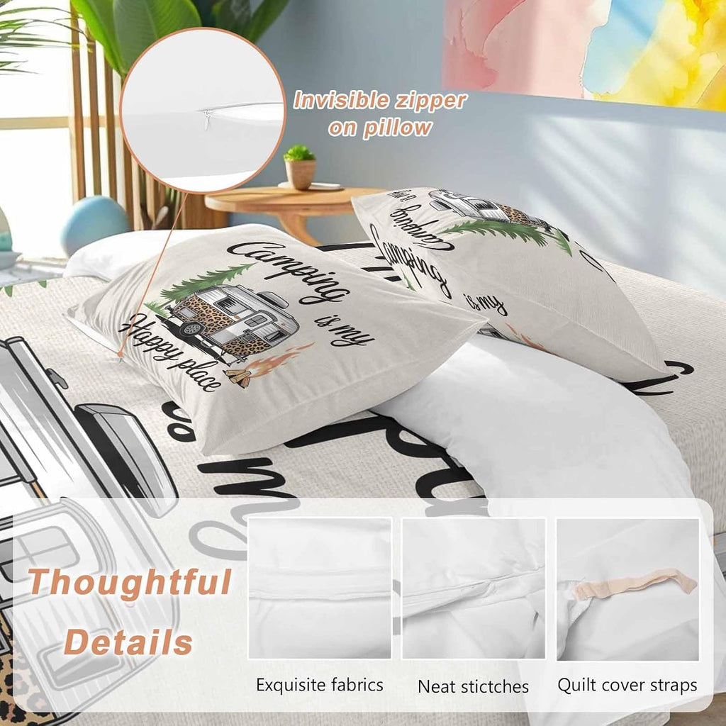 Prime Leader Camping is My Happy Place Duvet Cover Set Queen Size 4 Pieces Leopard RV Vintage Linen Bedding Set with Zipper Closure, 1 Comforter Cover 92x106 Inches 1 Flat Sheet & 2 Pillow Cases