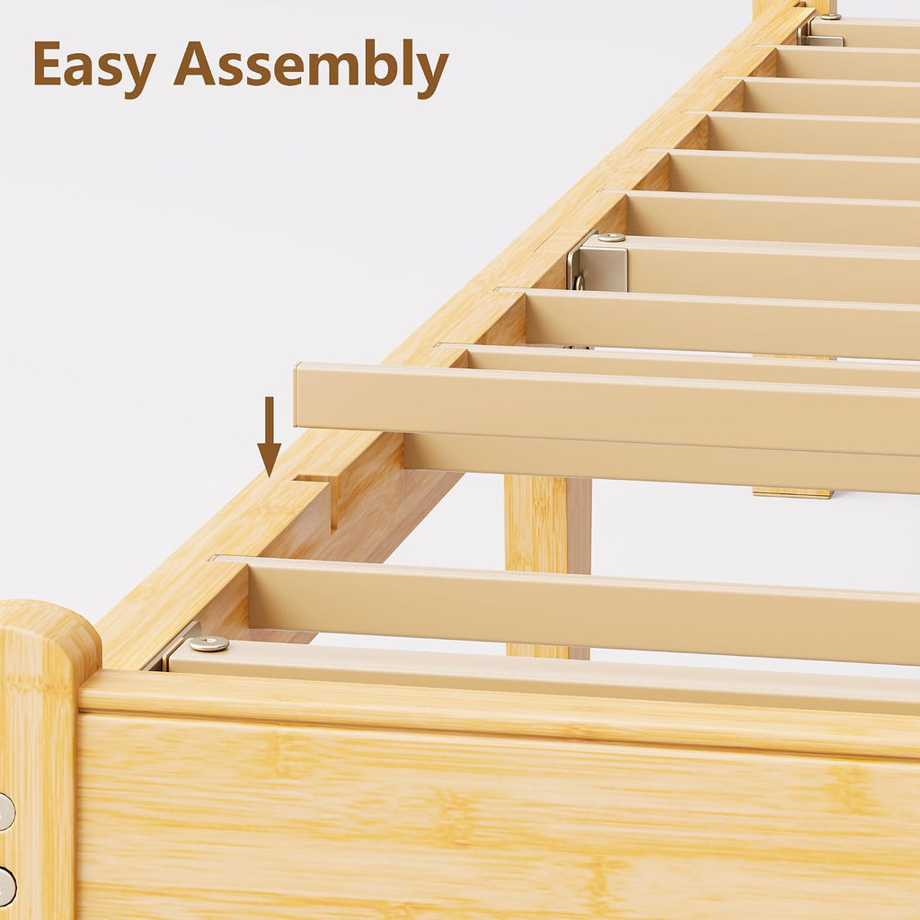 14 in High Solid Bamboo Wood Twin Bed Frame with Headboard, Platform Twin Size Bed Frame, Heavy Duty, No Box Spring Needed, Nosie Free