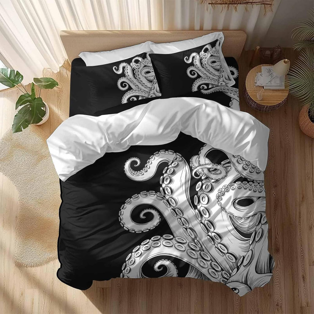 Abstract Octopus Duvet Cover Set Queen Size 4 Pieces Vintage Gray White Octopus Touches Black Background Bedding Set with Zipper Closure, 1 Comforter Cover 92x106 Inches 1 Flat Sheet & 2 Pillow Cases