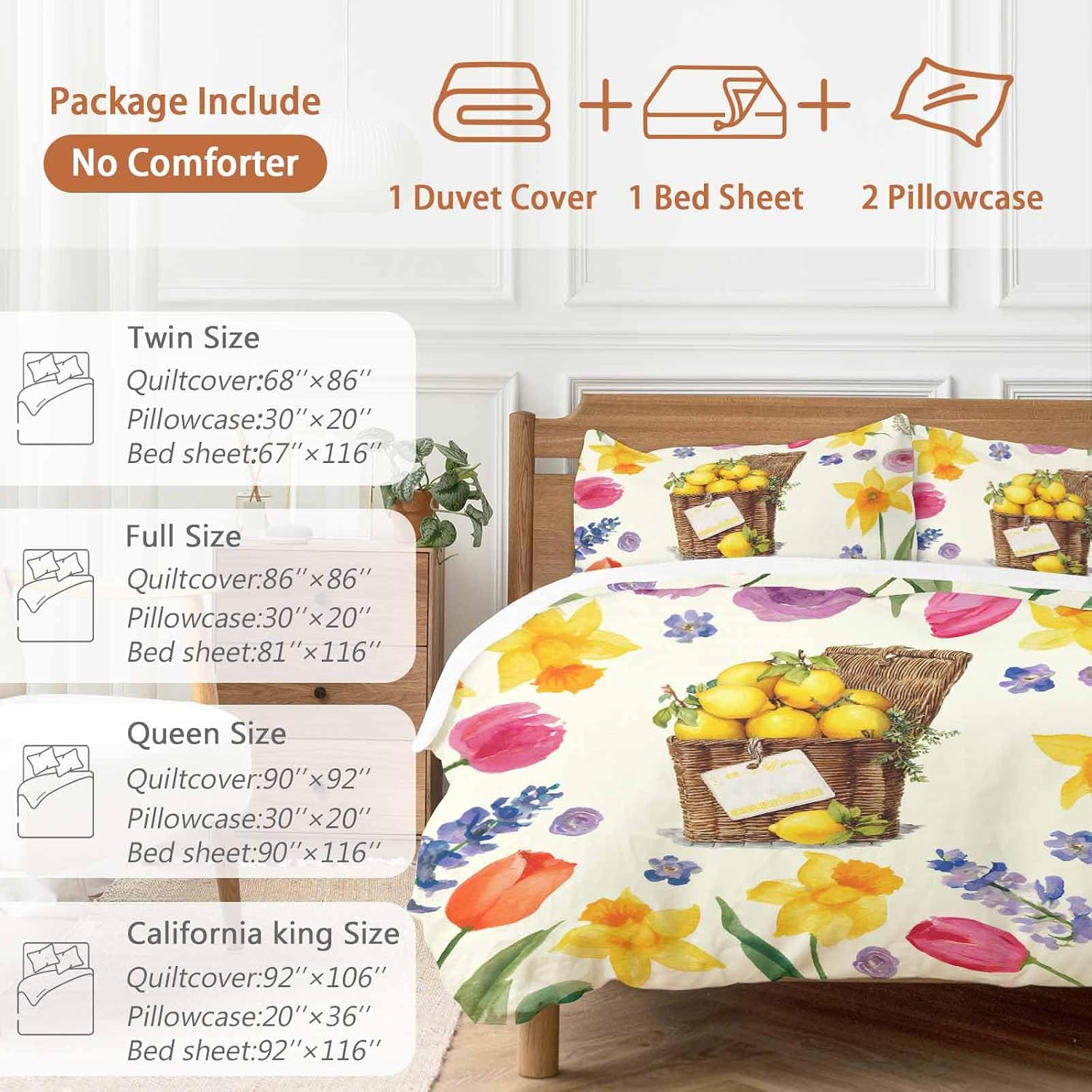 Spring Floral Duvet Cover Set Queen Size 4 Pieces Watercolor Lemon Oil Painting Flowers Farmhouse Bedding Set with Zipper Closure, 1 Comforter Cover 90x92 Inches 1 Flat Sheet & 2 Pillow Cases