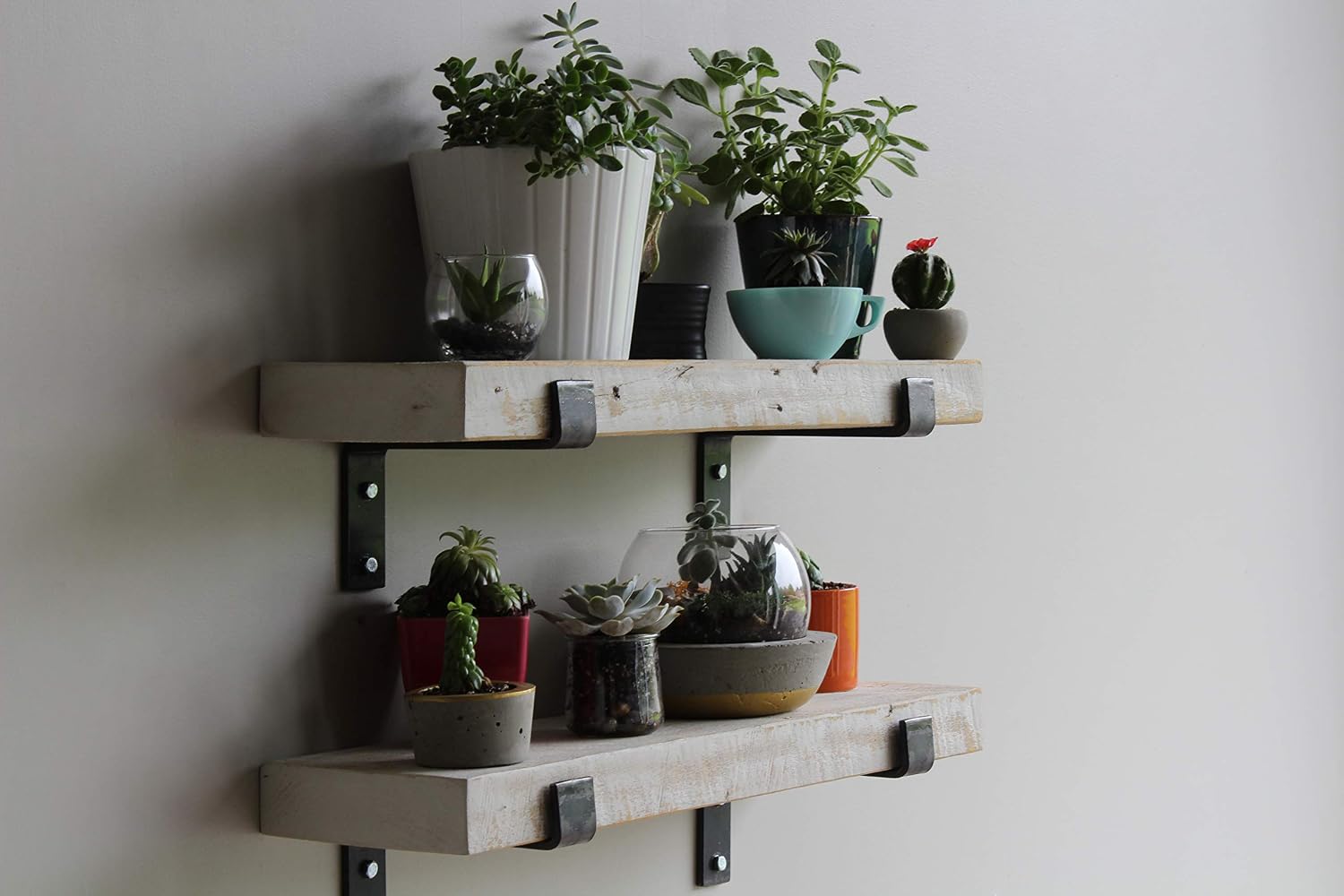Urban Legacy Accent Shelves | Reclaimed Barn Plank | Set of 2 with Full Brackets (White Wash 18'x 7'x 2')