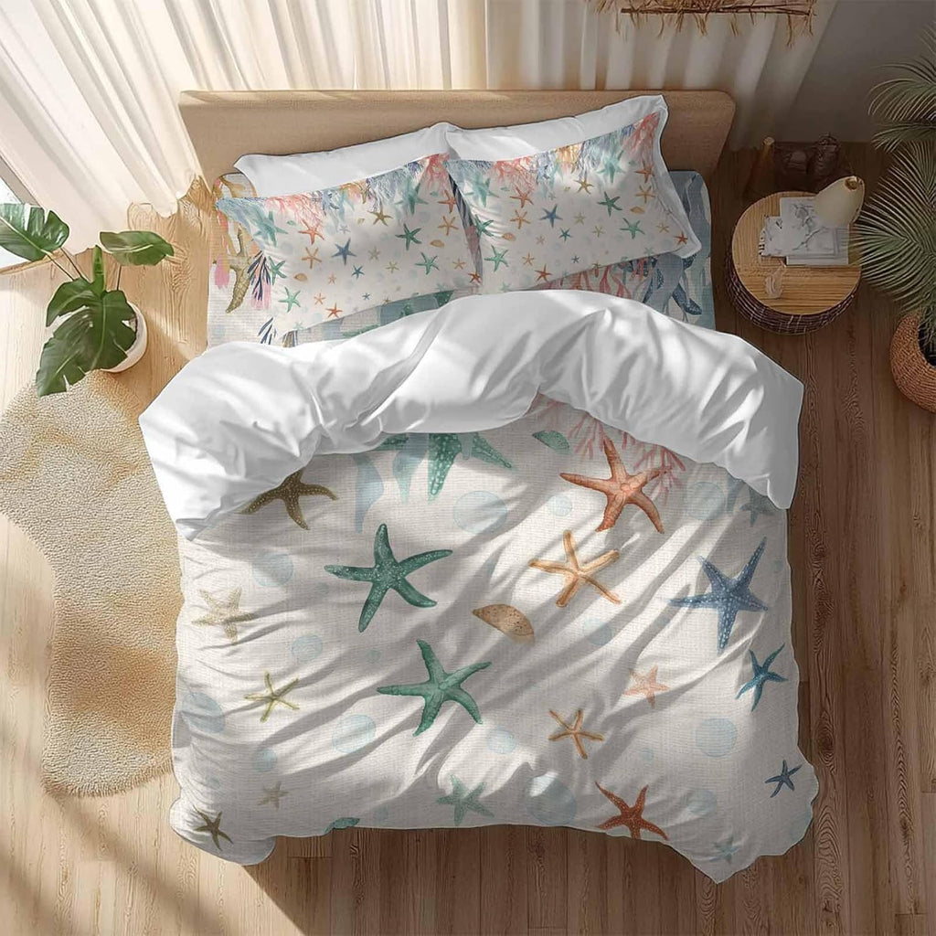Oceans Animal Duvet Cover Set Queen Size 4 Pieces Summer Colorful Starfish Coral Seagrass Linen Texture Bedding Set with Zipper Closure, 1 Comforter Cover 92x106 Inches 1 Flat Sheet & 2 Pillow Cases