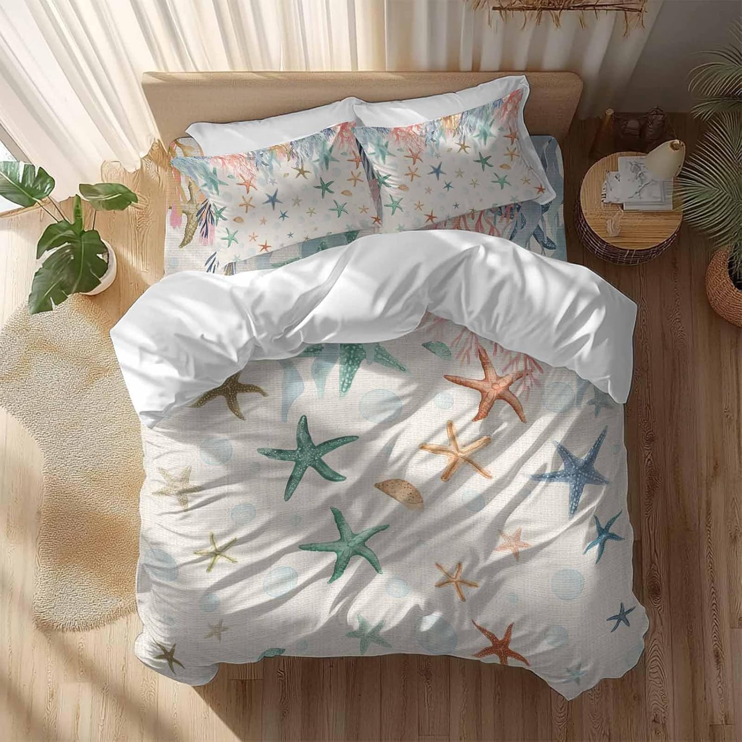 Oceans Animal Duvet Cover Set Queen Size 4 Pieces Summer Colorful Starfish Coral Seagrass Linen Texture Bedding Set with Zipper Closure, 1 Comforter Cover 92x106 Inches 1 Flat Sheet & 2 Pillow Cases