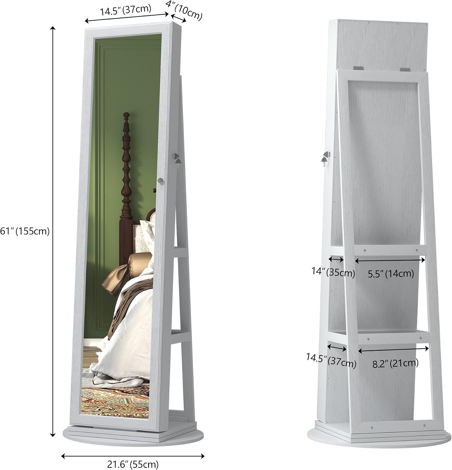 LVSOMT Mirror Jewelry Cabinet Standing, 360° Swivel Jewelry Armoire with 6 LED Lights and Interior Mirror, Full Length Mirror with Storage, Standing Lockable Jewelry Organizer, White