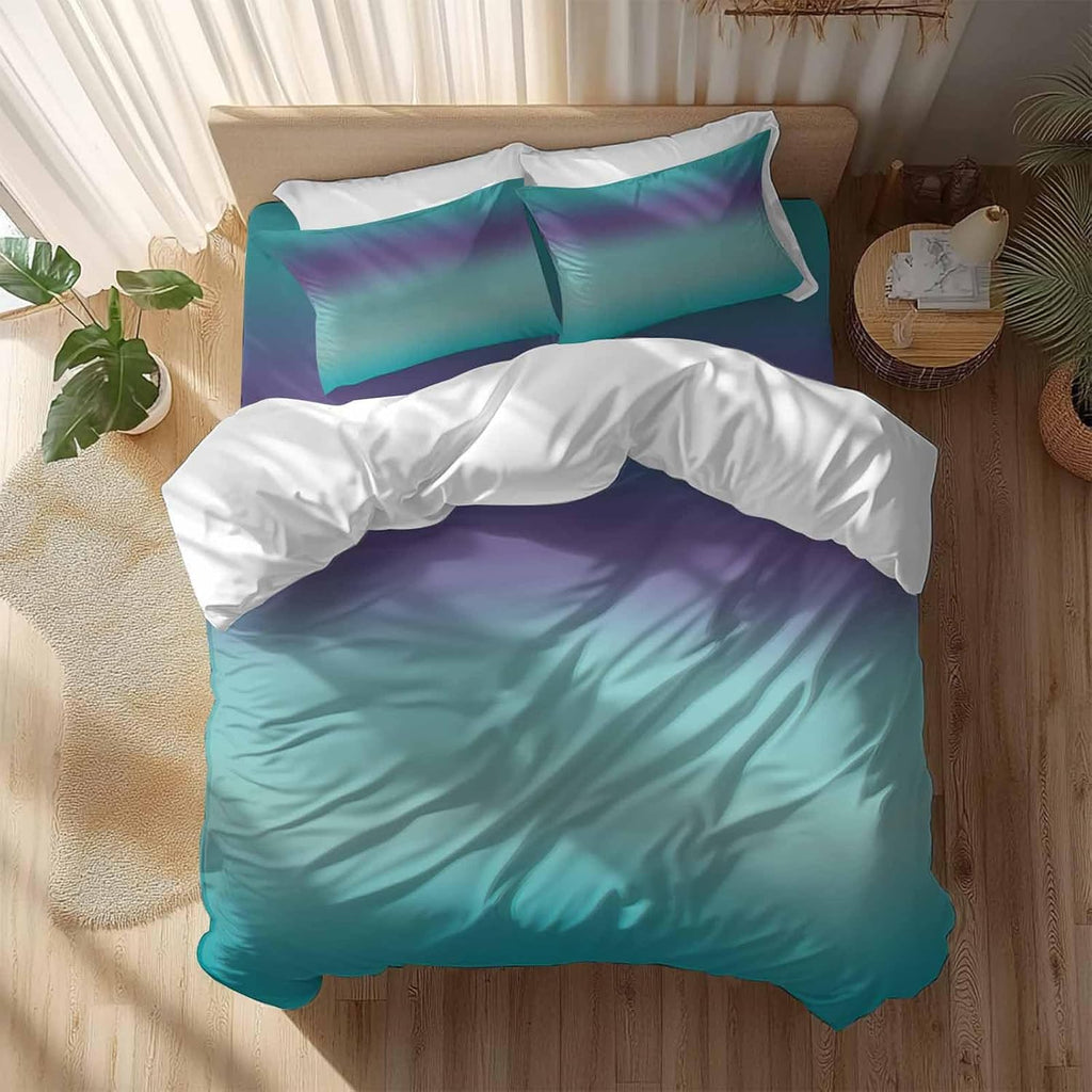 Gradient Green Duvet Cover Set Queen Size 4 Pieces Modern Minimalist Green Purple Ocean Beach Bedding Set with Zipper Closure, 1 Comforter Cover 90x92 Inches 1 Flat Sheet & 2 Pillow Cases