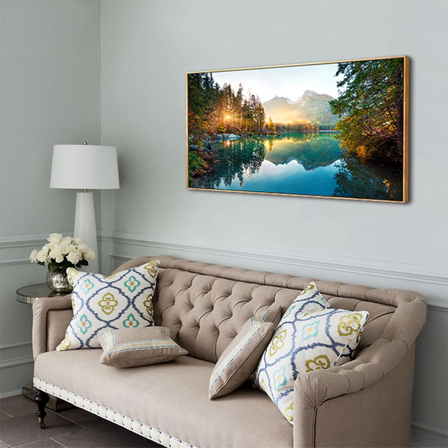 Piy Painting Natural Extra Framed Canvas Wall Art Autumn Lake for Living Room Home Decoration,Large Mordern Morning Sunrise View Print Picture Painting Decor Giclee Artwork,Gallery Wrapped Gift,30x60