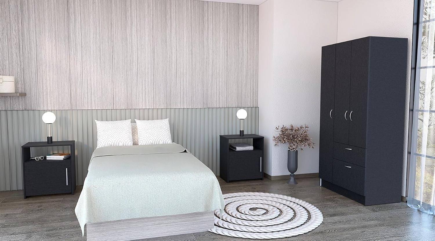 3-Piece Bedroom Set Wardrobe and 2 Nightstands, Easy Assembly Storage Suite with Drawers, Black