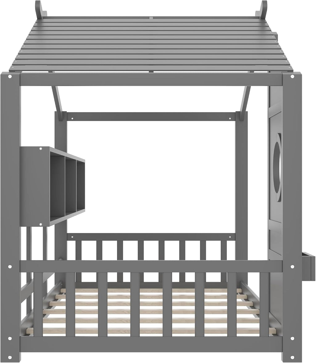 Merax Wood Floor House Bed with Storage Shelves, Twin Size Low Day Bed with Headboard & Wood Slat Support, No Box Spring Needed, Gray