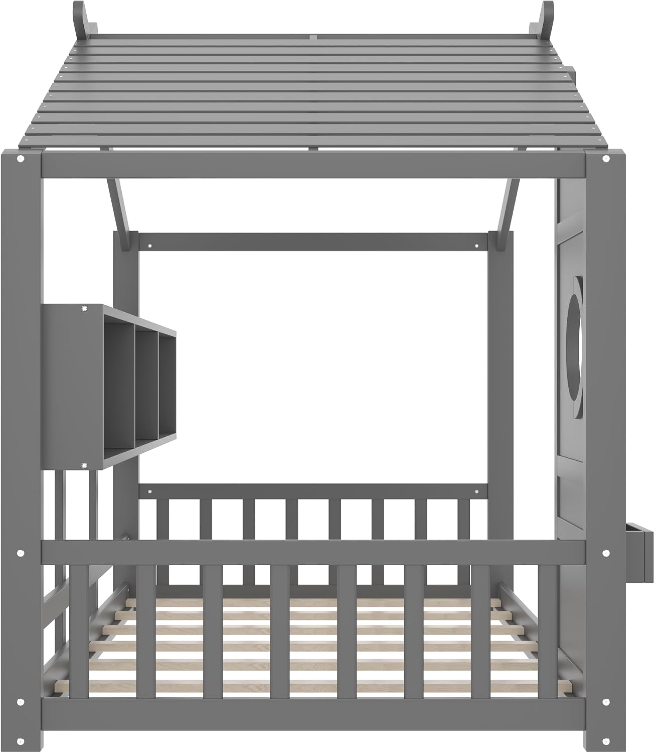 Merax Wood Floor House Bed with Storage Shelves, Twin Size Low Day Bed with Headboard & Wood Slat Support, No Box Spring Needed, Gray