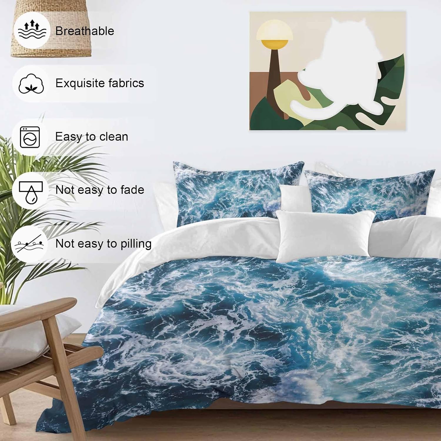 Dark Blue Ocean Scenery Duvet Cover Set Queen Size 4 Pieces Ombre Sea Waves Natural Modern Art Bedding Set with Zipper Closure, 1 Comforter Cover 92x106 Inches 1 Flat Sheet & 2 Pillow Cases