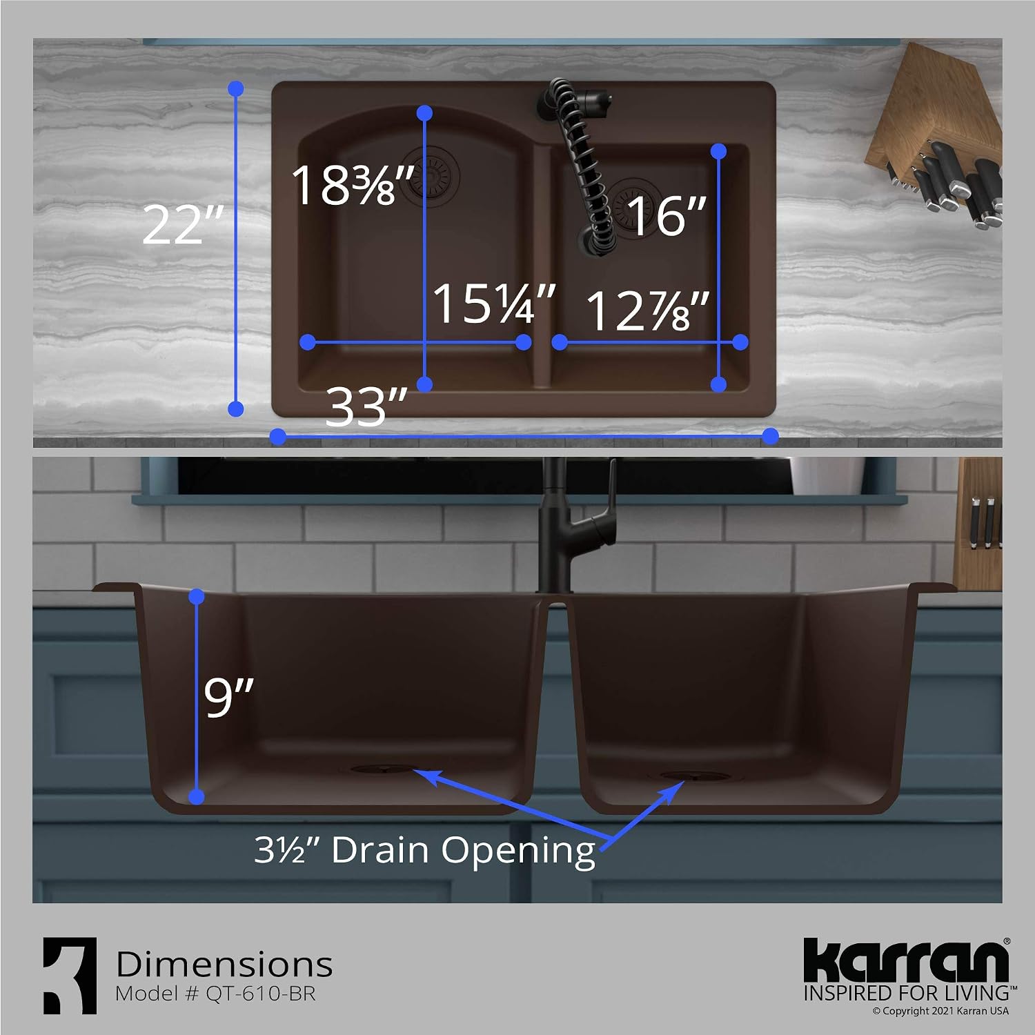 Karran 33' Drop-In/Top Mount Quartz Composite 1-Hole 60/40 Double Bowl Kitchen Sink in Brown